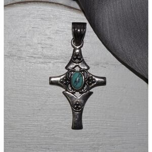 Vintage Sterling Silver Turquoise Cross Pendant 5.6G / 1.8in